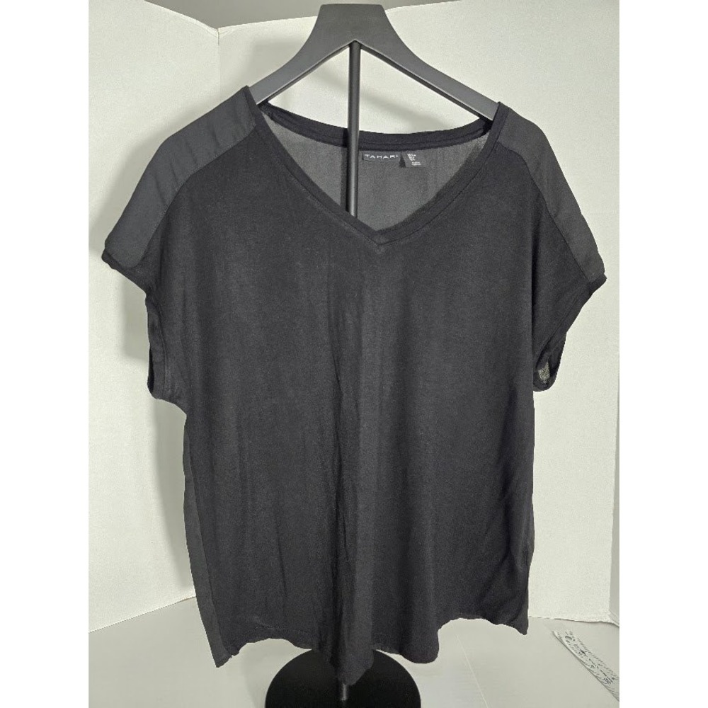 Tahari Black V-Neck Cap Sleeve Sheer Panel‎ Top Women's Size L